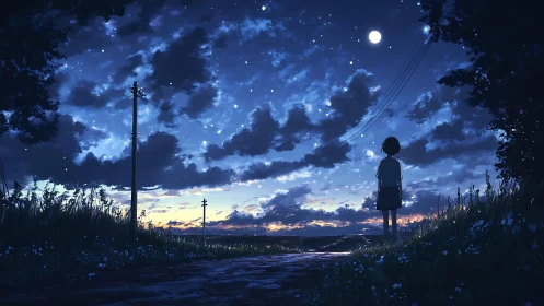 Nocturnal rural path with silhouetted child under starry sky