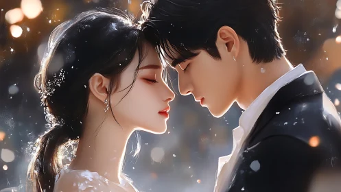 Two figures positioned in profile display intimate proximity with illuminated rendering.