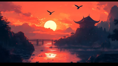 Red sunset over temple, bridge and reflective river scene.