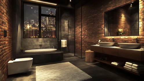 Industrial loft bathroom glows warmly above the city lights