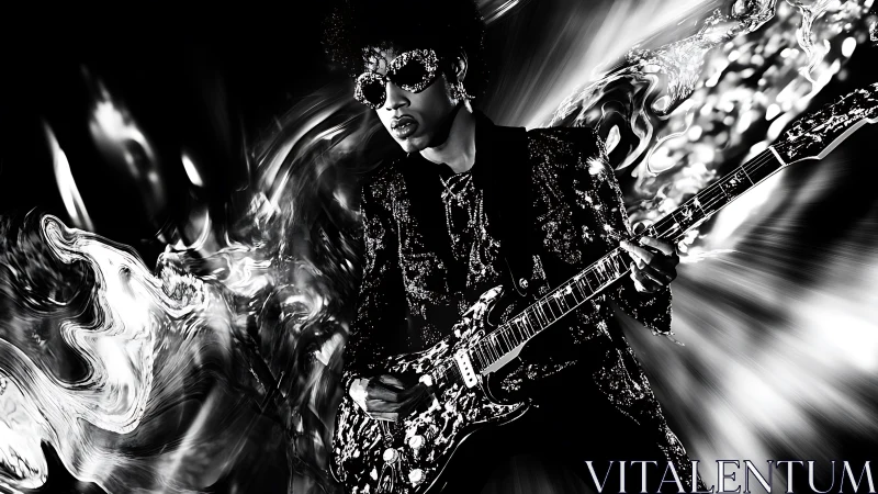 Monochrome electric guitarist framed by dynamic liquid light