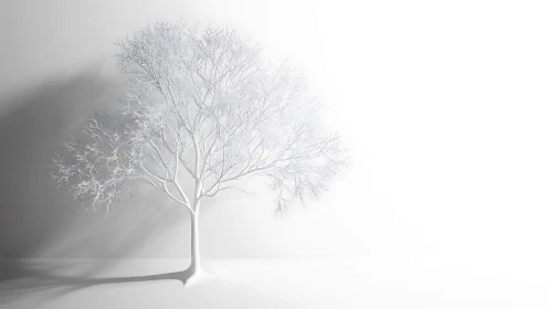 Minimalist white tree sculpture in high-key studio light.