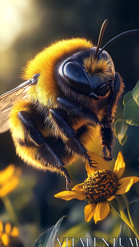 Macro photorealistic bee on yellow wildflower in warm bokeh focus.