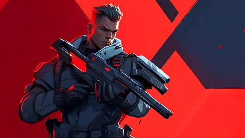 Armored sci fi soldier grips rifle against bold red backdrop