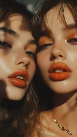 Photorealistic close-up beauty portrait with glossy orange lips.