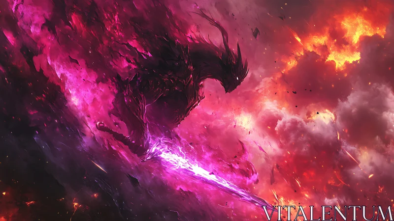 Cosmic shadow entity wields luminous plasma blade in nebular storm