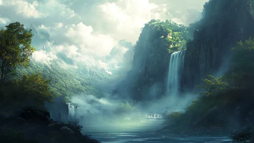 Atmospheric digital landscape renders misty waterfalls and cliffs