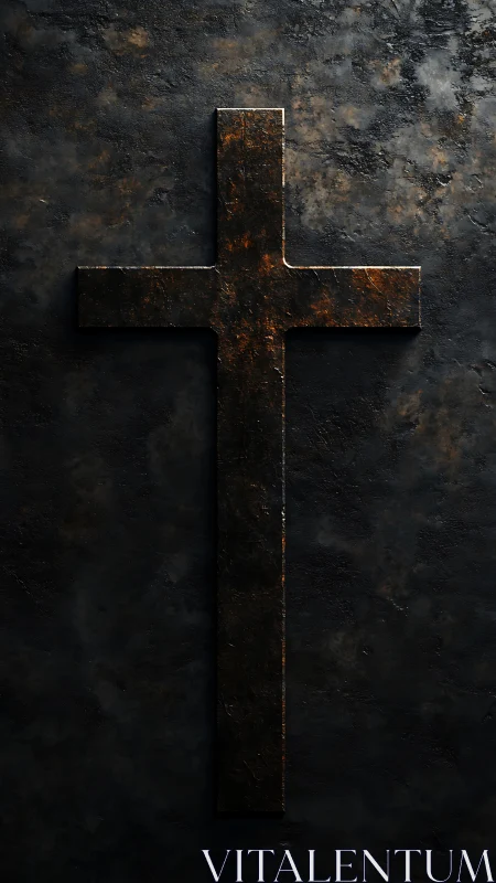 Weathered metal cross rests on dark textured stone ground