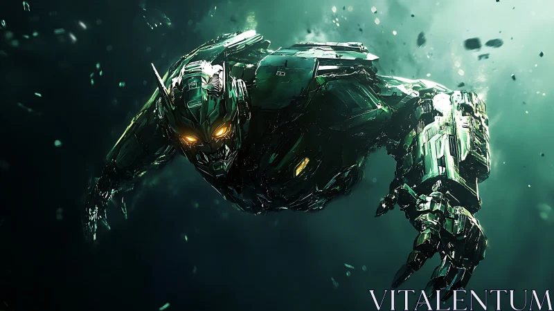 Armored green mech with glowing eyes in deep space.