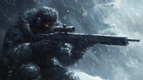 Cybernetic sniper tracks a target through blizzard turbulence