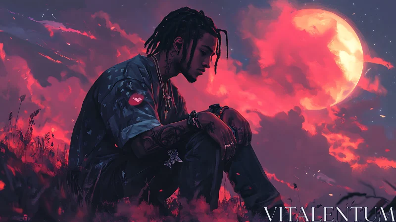 Pensive lone figure beneath a blazing neon red supermoon.