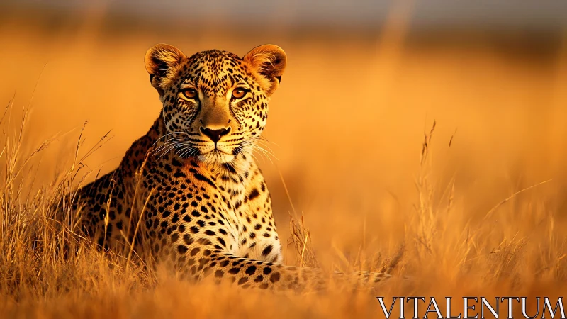 Golden savanna leopard resting in warm evening light.