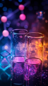 Glowing science tubes in dreamy neon laboratory light.