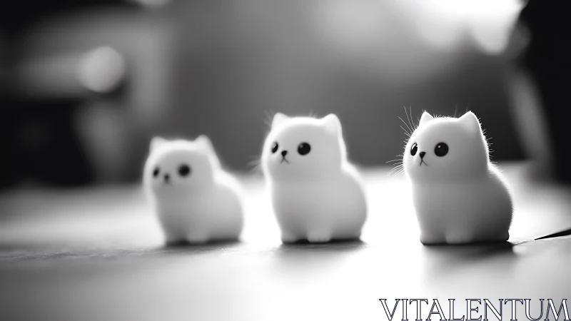 Three White Ceramic Cats in Monochrome Study.