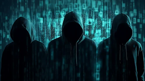 Hooded phantoms stalk neon code rain in silent alliance.