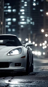 Midnight city drive with a sleek white sports car glow.