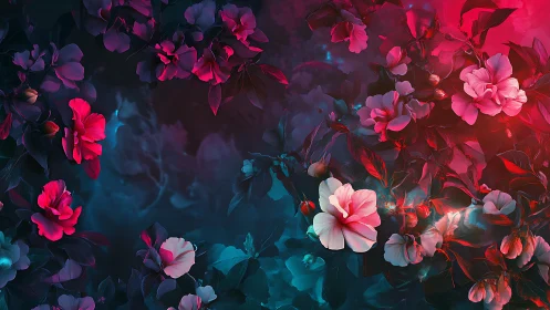 Digital rendering shows neon-lit flowers in dual color lighting