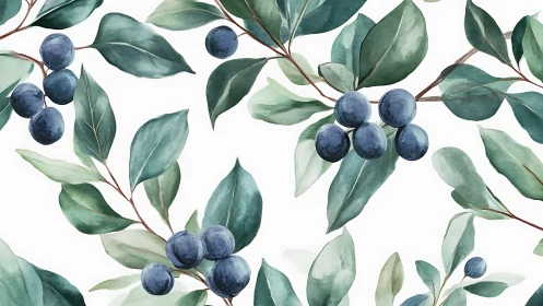 Watercolor blueberry branches form a fresh botanical pattern.