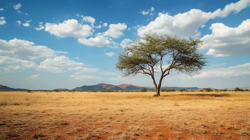 Solitary acacia tree under vast blue African sky.