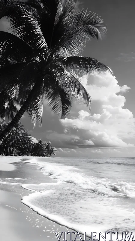 Monochromatic Tropical Seascape with Palm Fronds.