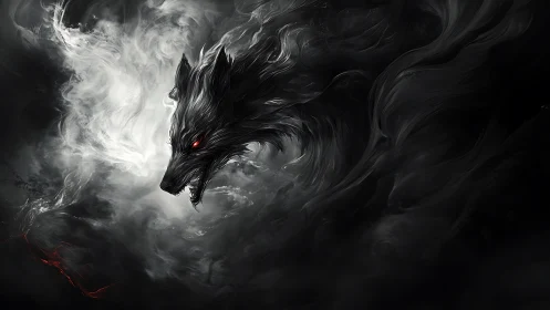 Monochrome spectral wolf head emerges from swirling dark mist