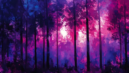 Neon Chromatic Forest: Volumetric Light Penetration Through Vertical Silhouettes