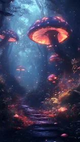 Bioluminescent fungal canopy over misted forest detour path.