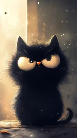 Grumpy black kitten illustration under warm side lighting.