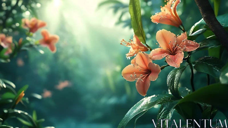 Coral lilies catch dawn light in dewy rainforest clearing.