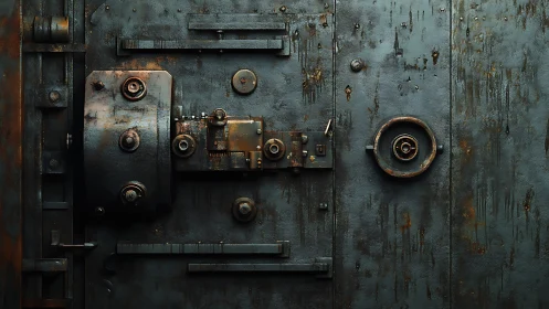 Aged steel vault door stands weathered yet unbroken in silence