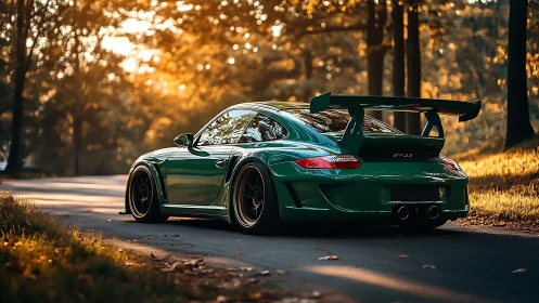 Sunlit green sports car pauses on a peaceful forest road
