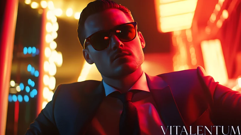Neon-lit man in tailored suit embodies cinematic cyber-noir cool