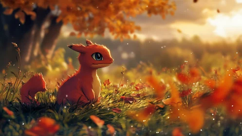 Cute orange creature in glowing autumn forest meadow.