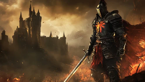 Armored knight stands before burning fortress in battle