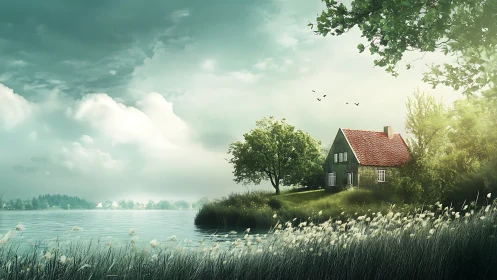 Lakeside cottage rests under soft stormlit summer skies