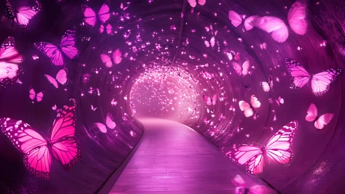 Luminous butterfly tunnel where neon wings rewrite night.