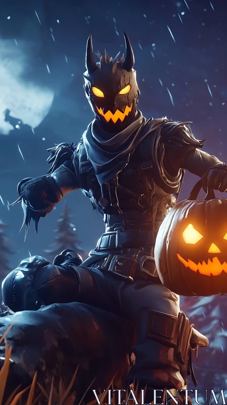 Armored pumpkin-headed night warrior under moonlit rain