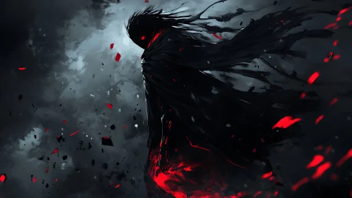 Shadowed wanderer wrapped in swirling crimson embers.