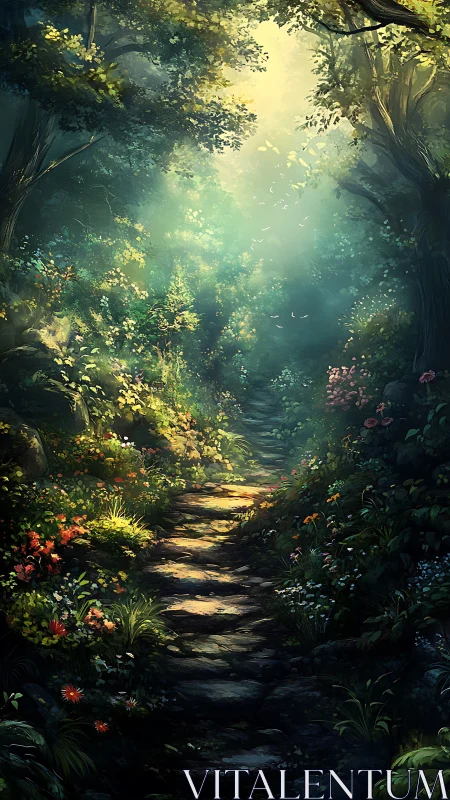 Enchanted forest pathway bathed in luminous atmospheric haze
