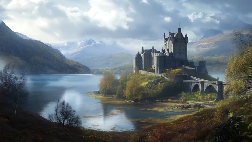 Medieval lakeside castle under dramatic mountain sky.