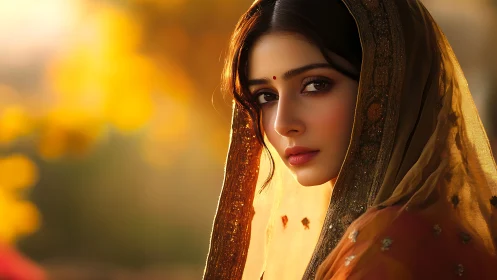 Photorealistic portrait under golden bokeh veil lighting.