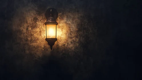 Wall-mounted lantern casts radial warm light on textured plaster