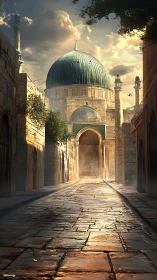 Golden hour illuminates domed mosque in narrow stone alley