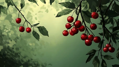 Sunlit cherry branches shimmering in a quiet green haze.