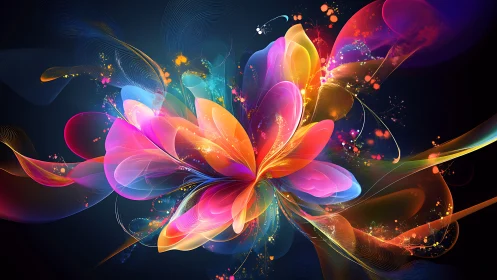 Abstract multicolored light petals on dark digital background.