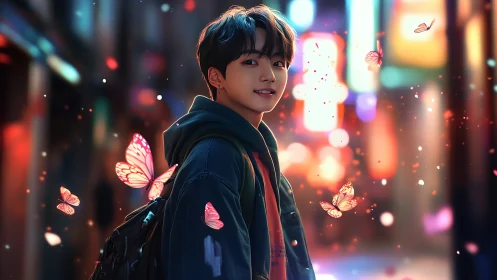 Neon alley stroll with glowing butterflies and gentle smiles.