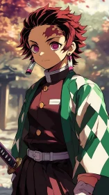 Bright-eyed anime swordsman stands ready in autumn light