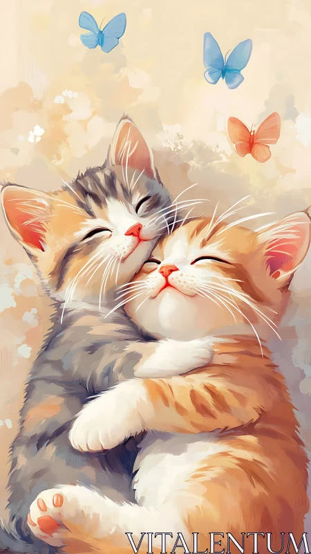 Tabby and Orange Cats Embrace with Butterflies in Warm Light.