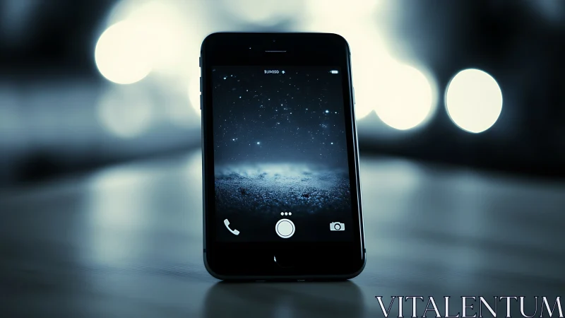 Smartphone glows against blurred bokeh lights background.