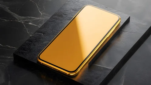 Luxurious gold smartphone on black marble platform, modern style.